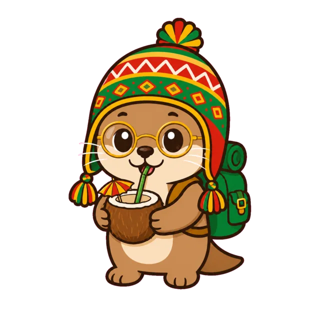 Otti, la nutria asistente de viajes, relajándose con un coco