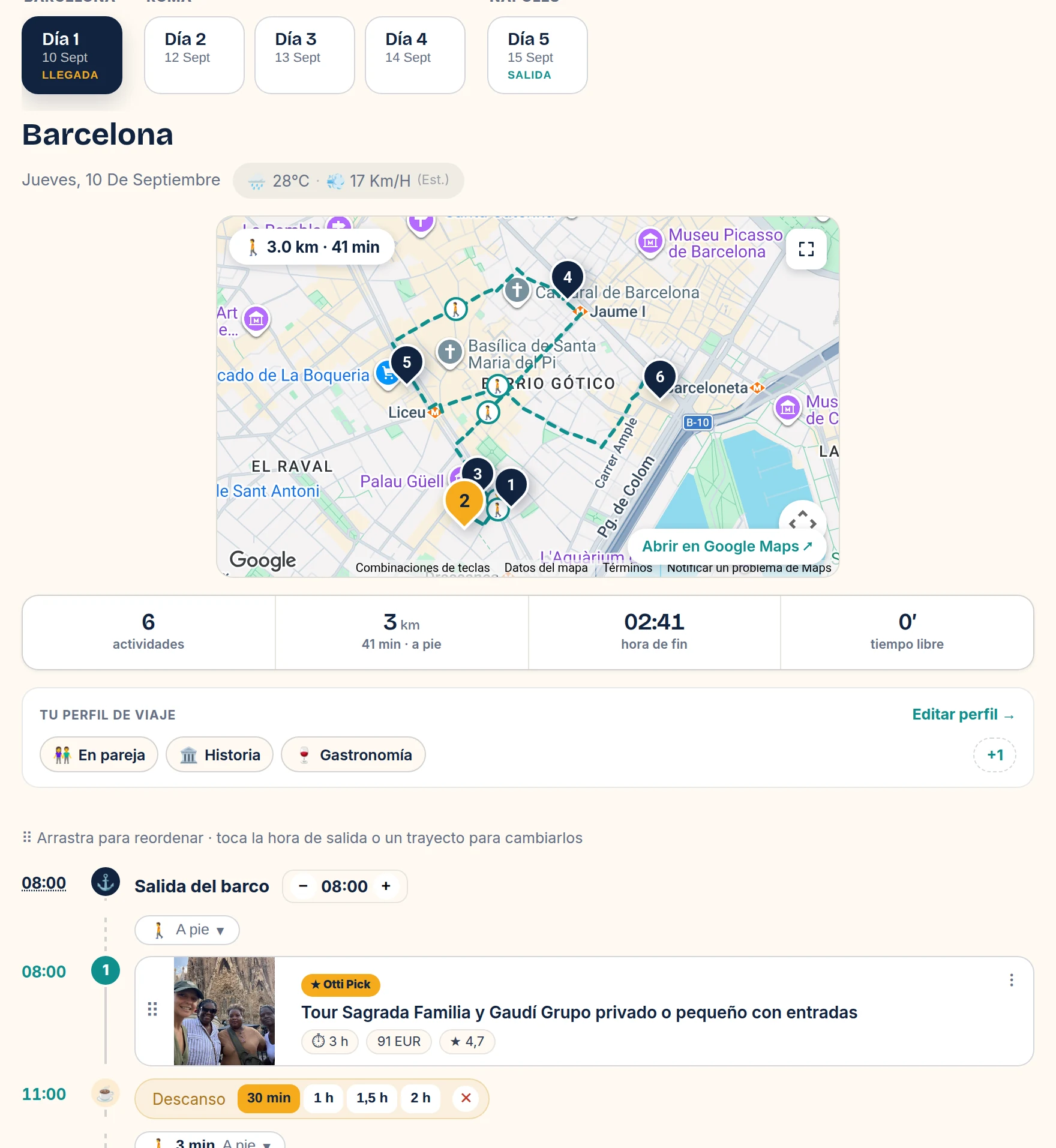 Plan del día con mapa, horarios y actividades en HeyOtti
